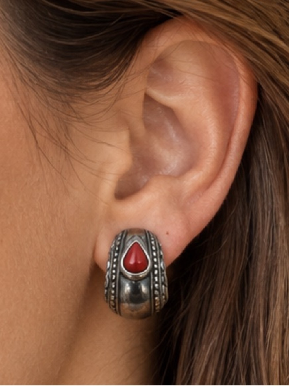 Vintage Red Cabochon Clip-On Earrings Silver Tone Art Deco Southwest